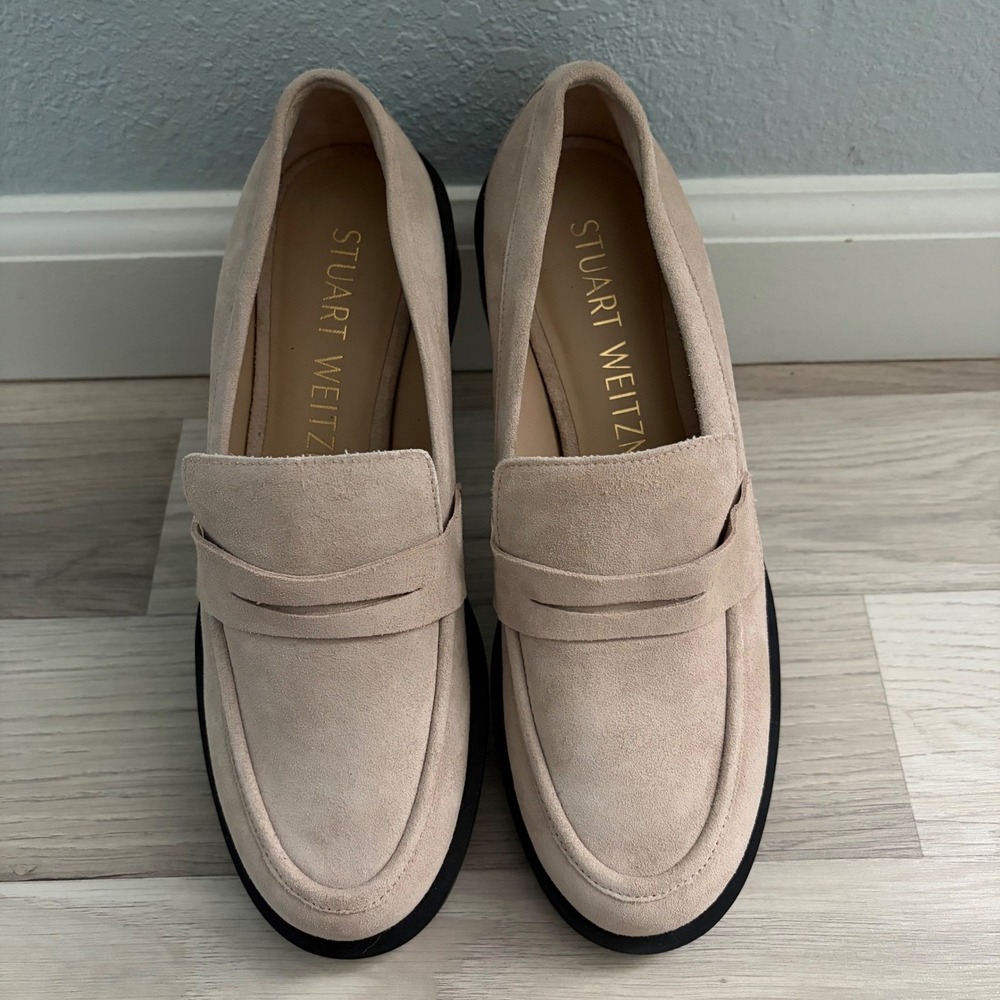 Stuart Weitzman Palmer Beige Suede Penny Loafers Lug Sole Shoes Womens - Picture 12 of 16